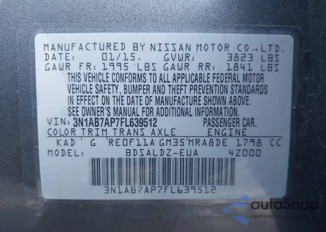 2015 Nissan Sentra Fe+ S/S/Sl/Sr/Sv from USA, damaged, VIN 3N1AB7AP7FL639512